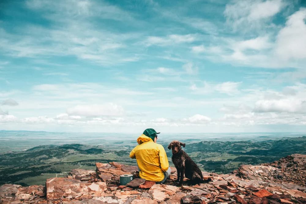 Un randonneur assis au sommet d’une montagne à côté de son chien